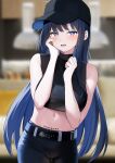  1girl absurdres awnw baseball_cap belt black_belt black_hair black_headwear black_pants black_shirt blue_archive blue_eyes blurry blurry_background blush breasts cowboy_shot hat highres long_hair looking_at_viewer medium_breasts navel open_mouth pants saori_(blue_archive) shirt sleeveless sleeveless_shirt solo twitter_username 