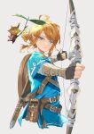  1boy absurdres aqua_eyes aqua_tunic belt blonde_hair bow_(weapon) brown_belt closed_mouth commentary fingerless_gloves frown gloves hair_tie highres holding holding_bow_(weapon) holding_weapon ic_(gsmh7284) korok link looking_at_viewer male_focus outstretched_arm pointy_ears sheath shield shirt sidelocks strap the_legend_of_zelda the_legend_of_zelda:_breath_of_the_wild weapon white_background 