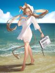  1girl absurdres alternate_costume animal_ears arknights barefoot beach blonde_hair blue_sky bracelet cloud cloudy_sky commission crossed_bangs day distr dorothy_(arknights) dress ear_tag full_body hair_between_eyes highres jewelry long_hair looking_at_viewer mouse_ears mouse_girl mouse_tail necklace ocean outdoors sand sky smile solo standing sundress tail watch water waves white_dress white_headwear wristwatch yellow_eyes 