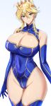  1girl artoria_pendragon_(fate) artoria_pendragon_(lancer)_(fate) bare_shoulders blonde_hair blue_background blue_gloves blue_leotard breasts cleavage closed_mouth cowboy_shot crown elbow_gloves fate/grand_order fate_(series) gloves green_eyes hair_between_eyes highleg highleg_leotard highres kumakichi_(cost-lost) large_breasts leotard looking_at_viewer simple_background smile solo thighs 