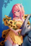  1girl bare_shoulders bouquet braid breasts choker cleavage closed_mouth collarbone commentary_request dress flower frilled_dress frills hair_between_eyes hair_intakes hair_ribbon hairband highres holding holding_bouquet long_hair looking_to_the_side medium_breasts original pink_hair purple_eyes ribbon rimuu solo statue sunflower thighhighs white_choker white_hairband white_ribbon white_thighhighs yellow_dress yellow_flower 