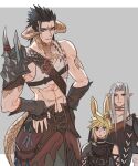  3boys abs animal_ears armor au_ra black_choker black_gloves black_hair black_scarf blonde_hair blue_eyes choker cloud_strife cowboy_shot crop_top dragon_horns dragon_tail elezen elf facial_mark final_fantasy final_fantasy_vii final_fantasy_vii_remake final_fantasy_xiv fingerless_gloves forehead_mark gloves grey_background grey_hair hair_between_eyes hair_slicked_back hands_on_own_hips horns jjn_ff7 letterboxed long_bangs long_hair male_focus medium_hair multiple_boys parted_bangs parted_lips pointy_ears rabbit_boy rabbit_ears scales scarf sephiroth shirt short_hair shoulder_armor shoulder_spikes single_bare_shoulder sleeveless sleeveless_shirt smile spiked_hair spikes sweatdrop tail toned toned_male viera white_shirt zack_fair 