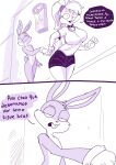  anthro big_breasts bottomwear breasts buckteeth bugs_bunny clothing collar comic dialogue duo female gloves handwear hi_res lagomorph leporid lola_bunny looney_tunes male mammal monochrome rabbit renita_reed scut_tail shirt short_tail shorts simple_background spanish_text speech_bubble spiked_collar spikes tail teeth text topwear warner_brothers white_background 