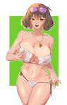  1girl absurdres ahoge anis_(sparkling_summer)_(nikke) artist_name bikini breast_lift breasts brown_hair covered_nipples cowboy_shot eyepatch_bikini eyewear_on_head goddess_of_victory:_nikke grabbing_own_breast highres ivy_hanabee jewelry large_breasts looking_at_viewer navel necklace official_alternate_costume open_mouth short_hair side-tie_bikini_bottom smile solo string_bikini sunglasses swimsuit tinted_eyewear untied_bikini untying white_bikini 