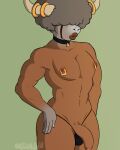  2022 abbirabbit afro anthro bouffalant brown_body butt choker clothing collar digital_media_(artwork) flaccid generation_5_pokemon genitals hand_on_hip hi_res horn jewelry lips male mostly_nude muscular muscular_male necklace nintendo nipple_piercing nipples one_eye_obstructed penis piercing pokemon pokemon_(species) simple_background solo standing thick_lips thong underwear 