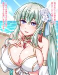  1girl beach bikini blue_eyes blush braid breasts cleavage collarbone day detached_sleeves fate/grand_order fate_(series) french_braid front-tie_top grey_hair halterneck highres large_breasts long_hair looking_at_viewer meme morgan_le_fay_(fate) ocean outdoors sidelocks smile solo swimsuit they_had_lots_of_sex_afterwards_(meme) tonelico_(fate) very_long_hair white_bikini yakisobapan_tarou_&amp;_negitoro-ko 