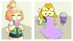  3_fingers accessory all_fours animal_crossing anthro beverage black_nose blonde_hair bodily_fluids bottomwear canid canine canis clothed clothing comic container cup digital_media_(artwork) domestic_dog drinking drinking_straw english_text eyelashes eyes_closed female fingers food fur grimace_birthday_shake hair hair_accessory hair_bell hi_res holding_beverage holding_object isabelle_(animal_crossing) looking_at_viewer mammal mcdonald&#039;s meme miniskirt nintendo onigiri_punch purple_vomit shih_tzu shirt simple_background skirt smile solo standing sweater sweater_vest tail text topwear toy_dog vest vomit white_clothing white_shirt white_topwear yellow_body yellow_fur 