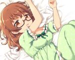  1girl ahoge araki_hina black-framed_eyewear blush breasts brown_eyes brown_hair cleavage dot_nose glasses green_pajamas green_ribbon idolmaster idolmaster_cinderella_girls idolmaster_cinderella_girls_starlight_stage looking_at_viewer lying messy_hair mitsuki_meia on_bed on_side open_mouth pajamas polka_dot polka_dot_pajamas ribbon ribbon-trimmed_collar ribbon_trim saliva semi-rimless_eyewear short_hair single_bare_shoulder sleepy smile solo under-rim_eyewear white_towel 