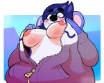  anthro awkward_smile big_breasts big_ears blush breasts clothed clothing cowrie_(kureto) dark_hair digital_media_(artwork) facial_piercing female fur hair holding_clothing holding_object koala kureto looking_at_breasts looking_down low-angle_view mammal marsupial multicolored_body nipples nose_piercing piercing pockets revealing_breasts simple_background smile solo topwear two_tone_body undressing unzipped vombatiform worm&#039;s-eye_view zipper zipper_down 