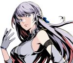  1girl artist_request bare_shoulders blue_eyes blue_ribbon breasts closed_mouth detached_sleeves elbow_gloves floating_hair gloves long_hair looking_at_viewer medium_breasts montagne_kotone persona persona_5 persona_5:_the_phantom_x ribbon solo white_background white_gloves white_hair 