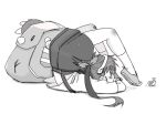  1girl acrobatics arched_back backpack bag bakemonogatari blush bow commentary_request from_side full_body hachikuji_mayoi hair_bow hairband itoma_mahimahi knee_blush looking_at_animal lying monochrome monogatari_(series) on_stomach pleated_skirt shirt shoes sidelocks simple_background skirt snail snail_girl sneakers socks solo stuffed_animal stuffed_toy suspender_skirt suspenders teddy_bear toes_up twintails white_background white_shirt white_socks wristlet 