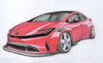  car colored_pencil_(medium) grey_background highres motor_vehicle no_humans original red_car stance_(vehicle) sting_custom toyota toyota_prius traditional_media vehicle_focus 