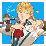  2boys blonde_hair blue_background brown_hair coat eiyuu_densetsu english_text frown green_eyes hair_between_eyes heart heart_hands holding holding_sword holding_weapon huge_weapon mueller_vander mullet multiple_boys olivert_reise_arnor one_eye_closed open_mouth purple_eyes sawaponu3 sen_no_kiseki simple_background smile sora_no_kiseki star_(symbol) sword weapon 