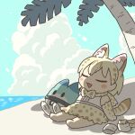  1girl :d animal_ears beach blonde_hair blue_sky blush bow bowtie chibi closed_eyes cloud commentary_request day extra_ears full_body gloves highres kemono_friends kemono_friends_3 kuro_shiro_(kuro96siro46) lucky_beast_(kemono_friends) multicolored_hair ocean open_mouth outdoors palm_tree print_bow print_bowtie print_gloves print_skirt serval_print shade shirt short_hair sitting skirt sky sleeveless sleeveless_shirt smile solo tail thighhighs_removed tree water white_serval_(kemono_friends) white_shirt yellow_gloves yellow_skirt 