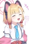  1girl absurdres animal_ear_headphones animal_ears blonde_hair blue_archive blue_necktie blunt_bangs bow cat_ear_headphones closed_eyes commentary_request fake_animal_ears hair_bow halo headphones highres meme momoi_(blue_archive) necktie open_mouth pink_halo pizza_(pizzania_company) red_bow shirt short_hair simple_background smile solo space_cat_(meme) translation_request upper_body white_background white_shirt 