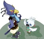  absurd_res anthro armor avian beak black_beak blue_body blue_eyes blue_feathers breath_of_the_wild clothing duo eyebrows feathers green_eyes hi_res leather leather_clothing male nintendo puucha_zt revali rito the_legend_of_zelda thick_eyebrows tulin_(tloz) white_body white_feathers wings 