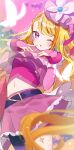  1girl absurdres belt_bow blonde_hair brooch bug butterfly butterfly_earrings cure_butterfly earrings highres hijiri_ageha hirogaru_sky!_precure jewelry long_hair looking_at_viewer magical_girl midriff one_eye_closed precure purple_eyes shuu_(mniarnoakou) single_leg_pantyhose skirt smile 