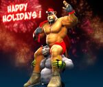  2015 abs anthro arm_tuft armpit_hair beard biceps black_hair blue_bottomwear blue_clothing blue_shorts body_hair bottomwear braford brown_clothing brown_footwear brown_shoes carrying chest_hair christmas christmas_clothing christmas_headwear clothed clothing costume dated duo english_text equid equine facial_hair felid fingerless_gloves fireworks footwear fur gesture gloves goatee grey_body grey_fur hair handwear happy_holidays happy_trail hat headgear headwear holding_bag holidays horse jewelry kurt_(braford) lion looking_at_viewer male mammal musclegut navel necklace new_year nipples on_shoulders pantherine pecs pubes red_bag red_bottomwear red_clothing red_shorts santa_costume santa_hat shoes shorts sideburns signature simon_(braford) text topless tuft waving waving_at_viewer white_hair yellow_body yellow_fur 