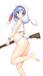  1girl :o animal_ears animal_hood ass back barefoot battle_rifle bikini blue_hair blush breasts commentary_request cowlick expressionless floppy_ears foot_out_of_frame gun hair_between_eyes hataraki_kuma highres holding holding_gun holding_weapon hood hood_up looking_at_viewer looking_to_the_side medium_bangs open_mouth rabbit_ears rabbit_hood rabbit_tail red_eyes reisen_(touhou_bougetsushou) rifle short_hair simple_background small_breasts soles solo swimsuit tail thighs toes touhou weapon white_background white_bikini white_hood 