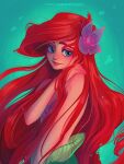  1girl air_bubble ariel_(disney) artist_name blue_eyes bubble flower hair_flower hair_ornament highres long_hair looking_at_viewer purple_flower red_hair solo the_little_mermaid underwater upper_body user_zwze2384 watermark 