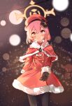  1girl black_gloves black_pantyhose black_ribbon blue_archive glimer3048 gloves halo highres official_alternate_costume pantyhose pink_eyes pink_hair ribbon santa_costume serina_(blue_archive) serina_(christmas)_(blue_archive) solo 