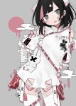  1girl bandaged_arm bandages bandaid bandaid_on_arm bandaid_on_cheek bandaid_on_face bandaid_on_thigh black_hair blunt_bangs blush character_sticker china_dress chinese_clothes circle commentary_request contrapposto detached_sleeves dress earrings egasumi furrowed_brow grey_background grey_eyes hair_ornament half-closed_eyes hand_on_own_hip head_tilt highres jewelry leaning_to_the_side looking_at_viewer mandarin_collar medium_hair microdress multicolored_hair nukunuku_nigirimeshi open_mouth original osage_(inabakumori) panties pink_hair puffy_short_sleeves puffy_sleeves raised_eyebrows short_sleeves sidelocks sleeveless sleeveless_dress smile smug solo streaked_hair stuffed_animal stuffed_rabbit stuffed_toy thighhighs translation_request underwear white_dress white_panties white_thighhighs 
