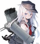  1girl anchor_symbol black_headwear black_sailor_collar black_serafuku black_skirt blue_eyes blush closed_mouth flat_cap grey_hair hair_between_eyes hat hibiki_(kancolle) highres its_(pixiv_61283676) kantai_collection long_hair long_sleeves neckerchief pleated_skirt red_neckerchief sailor_collar school_uniform serafuku signature simple_background skirt solo twitter_username white_background 