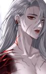  1girl amatou_1717 breasts cleavage collarbone earrings grey_hair hair_between_eyes highres jewelry long_hair looking_at_viewer neck_tattoo ninety-nine_(path_to_nowhere) parted_lips path_to_nowhere red_eyes red_lips shoulder_tattoo simple_background solo tattoo upper_body water_drop white_background 