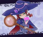  1girl andou_ringo blue_cape blue_robe blush cape drill_hair eyelashes green_eyes grey_background hat holding holding_staff kashima_miyako licking_lips puyopuyo puyopuyo_7 red_hair robe short_hair solo staff tongue tongue_out twin_drills upper_body witch_hat 
