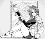  1girl absurdres armor bb_(baalbuddy) breasts closed_mouth english_commentary gun highres holding holding_gun holding_weapon iria_(zeiram) iria_zeiram_the_animation large_breasts mole mole_under_eye monochrome sitting weapon 