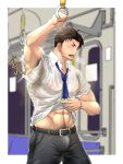  abs arm_up armpit_hair bara beard belt black_pants blue_necktie brown_hair clothes_lift facial_hair highres lifted_by_self male_focus muscular muscular_male navel necktie original pants pectorals ryousuke_(butter) salaryman see-through shirt shirt_lift short_hair standing sweat tongue tongue_out train_interior white_shirt 