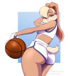  anthro basketball basketball_uniform blonde_hair blue_eyes bottomwear butt clothing female fur gloves hair handwear hi_res hotpants lagomorph leporid lola_bunny long_ears looney_tunes mammal narrowed_eyes pakusta rabbit rear_view shorts solo sportswear tan_body tan_fur uniform warner_brothers 