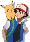  1boy absurdres ash_ketchum backpack bag black_hair black_shirt brown_eyes commentary_request green_bag grin hat highres holding_strap jacket looking_back male_focus on_shoulder open_clothes open_jacket pikachu pokemon pokemon_(anime) pokemon_(classic_anime) pokemon_(creature) pokemon_on_shoulder red_headwear shirt short_hair smile teeth yanagi_(soke_yanagi) 