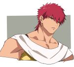  1boy bara cropped_torso dot_pupils highres jitome large_pectorals looking_at_viewer magi_the_labyrinth_of_magic masrur muscular muscular_male pectoral_cleavage pectorals red_hair rio_mukiniki short_hair sleeveless solo 