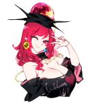  1girl black_shirt choker earrings hecatia_lapislazuli highres jewelry off-shoulder_shirt off_shoulder one_eye_closed pointy_ears raptor7 red_eyes red_hair shirt simple_background smile solo t-shirt touhou white_background 