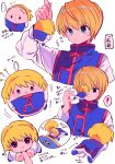  ! ... 1boy 1other blonde_hair blue_eyes commentary_request highres holding holding_hands holding_toy hunter_x_hunter kkkkkk_lut44 kurapika long_sleeves male_focus price_tag short_hair simple_background sleeping solo spoken_ellipsis spoken_exclamation_mark toy translation_request 