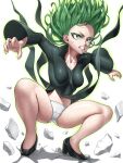  1girl anger_vein angry arms_up aura black_dress breasts clenched_teeth curly_hair debris destruction dress fighting_stance glowing green_eyes grey_hair high_heels highres long_sleeves navel one-punch_man panties short_hair side_slit simple_background skylock small_breasts solo squatting tatsumaki teeth underwear white_background white_panties 