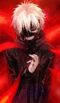  1boy black_jacket black_sclera colored_sclera cowboy_shot hand_up jacket kagune_(tokyo_ghoul) kaneki_ken long_sleeves mask red_background red_eyes short_hair solo teeth_print tokyo_ghoul white_hair yara_kami_meiosei 