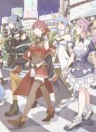  4girls animal_ears bare_shoulders black_jacket blue_hair carrot_hair_ornament cosplay cropped_jacket dress food-themed_hair_ornament frilled_dress frills hair_ornament hair_ribbon halloween highres hololive hoshimachi_suisei hoshimachi_suisei_(3rd_costume) houshou_marine houshou_marine_(1st_costume) impossible_clothes jacket japan jewelry lace-trimmed_thighhighs leotard leotard_under_clothes long_hair minato_aqua minato_aqua_(1st_costume) multicolored_hair multiple_girls outdoors pleated_skirt purple_hair rabbit_ears rabbit_girl red_eyes red_hair red_jacket red_ribbon red_skirt ribbon shy skirt sleeveless sleeveless_jacket smile star_(symbol) star_hair_ornament tauyoshi728 two-tone_hair usada_pekora usada_pekora_(1st_costume) virtual_youtuber walking 