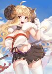  1girl :d absurdres ahoge anila_(granblue_fantasy) blonde_hair blue_sky breasts caesar_salad cape cleavage crop_top curled_horns draph fur_cape fur_collar gloves granblue_fantasy highres hikimayu holding holding_weapon horns large_breasts midriff miniskirt navel open_mouth pleated_skirt skirt sky smile solo thighhighs twitter_username weapon white_gloves white_thighhighs yellow_eyes zettai_ryouiki 