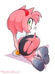  3:4 all_fours amy_rose anthro big_butt black_nose blush butt clothing delicioussoup digital_media_(artwork) eulipotyphlan female footwear green_eyes hedgehog hi_res looking_at_viewer looking_back looking_back_at_viewer mammal pink_body sega shoes simple_background solo sonic_the_hedgehog_(series) tail topwear torn_clothing white_background 