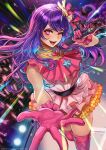  1girl dress frilled_dress frills gloves hair_ornament heart highres holding holding_microphone hoshino_ai_(oshi_no_ko) idol idol_clothes long_hair looking_at_viewer magion02 microphone one_eye_closed open_mouth oshi_no_ko pink_dress pink_gloves pinky_out purple_eyes purple_hair rabbit_hair_ornament ribbon smile solo star-shaped_pupils star_(symbol) symbol-shaped_pupils 