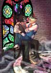  anthro bite biting_lip clothed clothing domestic_cat duo felid feline felis fully_clothed hi_res horns_n_jams lackadaisy male male/male mammal mordecai_heller on_lap rocky_rickaby sitting_on_lap stained_glass_window tagme webcomic 