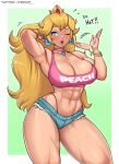  1girl abs alternate_muscle_size blonde_hair blue_eyes blush bracelet cheekie choker crown earrings english_text fanning_self highres jewelry long_hair mario_(series) muscular muscular_female necklace one_eye_closed princess_peach short_shorts shorts signature sweat tank_top thick_thighs thighs thong 