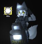  2023 :3 anthro armor biped black_background black_clothing black_gloves black_handwear black_nose black_topwear blue_bottomwear blue_clothing body_armor bottomwear canid canine cheek_markings clothed clothing colored cute_fangs digital_media_(artwork) english_text eyelashes facial_markings female fluffy fluffy_tail fox front_view fully_clothed fur furgonomic_headwear furgonomics glistening glistening_eyes gloves hair handwear head_markings headgear helmet hi_res holyhorizon kemono long_hair looking_at_viewer mammal markings monotone_body monotone_fur monotone_hair monotone_tail open_:3 open_mouth open_smile pink_tongue police police_officer police_uniform portrait pupils rainbow_six:_siege red_markings riot_shield shaded shield simple_background smile solo standing tail text three-quarter_portrait three-quarter_view tom_clancy&#039;s_(series) tongue topwear ubisoft uniform white_body white_fur white_hair white_tail yellow_eyes yellow_pupils 