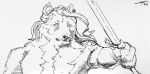  anthro bare_chested canid canine canis ear_piercing fur hair hi_res hilt holding_object holding_weapon long_hair lupesilverwind male mammal melee_weapon neck_tuft piercing shirtless_male solo sword tuft weapon wolf 