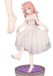  1girl :p absurdres animal_ears arknights bare_shoulders barefoot blush breasts bucket cleavage dress food fruit grapes gravel_(arknights) highres lan_mao_akko long_hair pink_hair simple_background sleeveless sleeveless_dress solo sweat tongue tongue_out white_background white_dress 