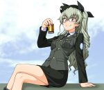  1girl anchovy_(girls_und_panzer) black_skirt blush breasts brown_eyes closed_mouth coffee crossed_legs drill_hair girls_und_panzer glasses green_hair hair_ribbon long_hair looking_at_viewer military military_uniform miniskirt oosaka_kanagawa ribbon selection_university_military_uniform skirt small_breasts smile solo uniform 
