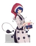  1girl blob blue_eyes blue_hair book closed_mouth dated doremy_sweet dream_soul dress hat holding holding_book long_sleeves nightcap pom_pom_(clothes) red_headwear shishi_osamu short_hair smile solo tail tapir_tail touhou white_dress 