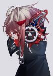  1boy absurdres ahoge artist_request barcode blonde_hair character_request from_side gradient_hair grey_background highres jacket looking_at_viewer mask multicolored_hair nijisanji profile red_eyes red_hair respirator solo two-tone_hair virtual_youtuber voltaction 